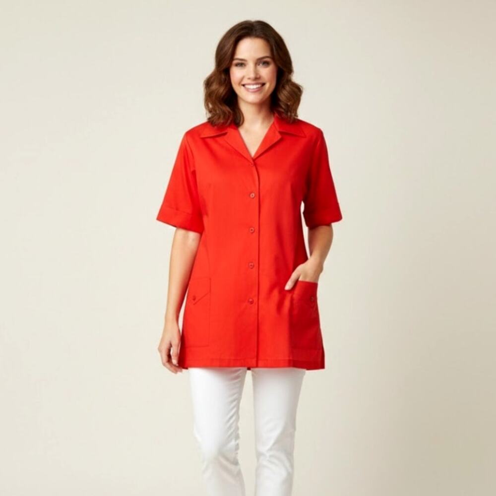 Vintage 1960s Dagger Collar Tunic Top Button Down Roll Cuff Sleeve Cherry Red